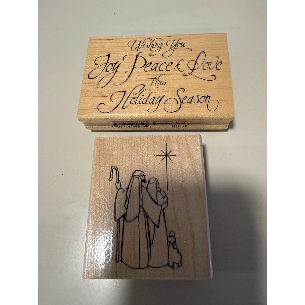 Stampendous Holy Family & Inkadinkado Christmas Sentiment Wood Rubber Stamps Set